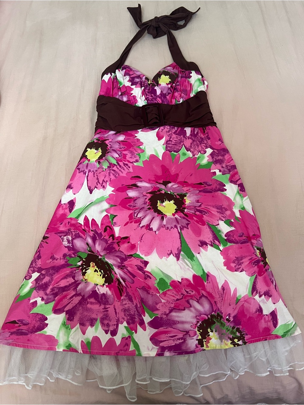 City Triangles Pink Floral Halter Dress with Brown Accents